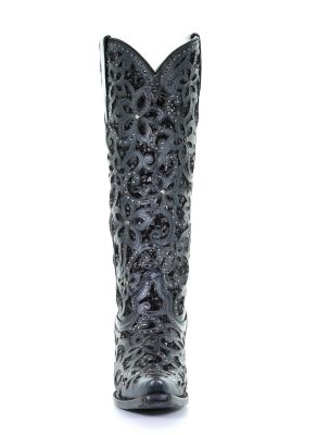 Image showing  Women's Full Black Inlay and Studs Tall Top Boots, 15 in. Shaft, 2 in. Cowboy Heels