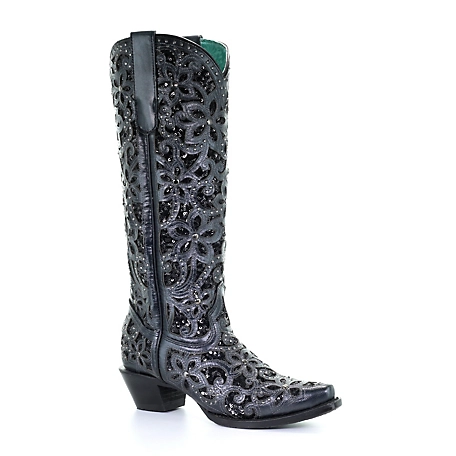 Corral Women's Black Full Inlay and Studs Tall Top Boots, 15 in. H Shaft, 2 in. Cowboy Heel