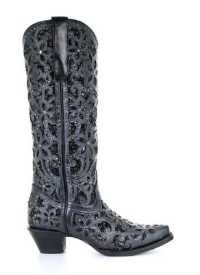 Image showing  Women's Full Black Inlay and Studs Tall Top Boots, 15 in. Shaft, 2 in. Cowboy Heels