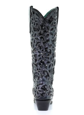 Image showing  Women's Full Black Inlay and Studs Tall Top Boots, 15 in. Shaft, 2 in. Cowboy Heels