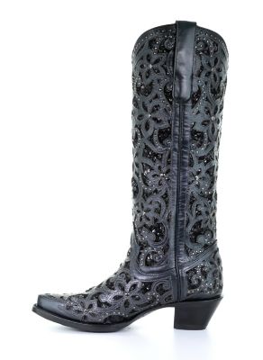 Image showing  Women's Full Black Inlay and Studs Tall Top Boots, 15 in. Shaft, 2 in. Cowboy Heels