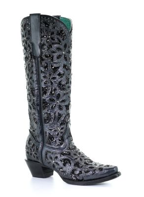 Corral Women's Black Full Inlay and Studs Tall Top Boots, 15 in. H Shaft, 2 in. Cowboy Heel