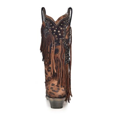 Image showing  Honey Goat Overlay Studs and Fringes Boots, 13 in. H Shaft, 2 in. Cowboy Heel