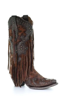 Corral Women's Honey Goat Overlay Studs and Fringes Boots, 13 in. H Shaft, 2 in. Cowboy Heel