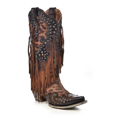 Corral Women's Honey Goat Overlay Studs and Fringes Boots, 13 in. H Shaft, 2 in. Cowboy Heel