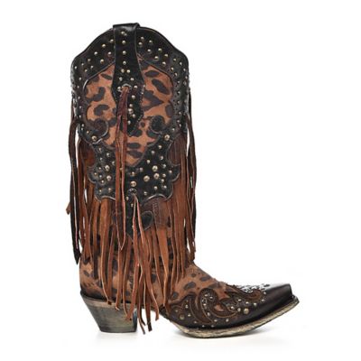 Image showing  Honey Goat Overlay Studs and Fringes Boots, 13 in. H Shaft, 2 in. Cowboy Heel
