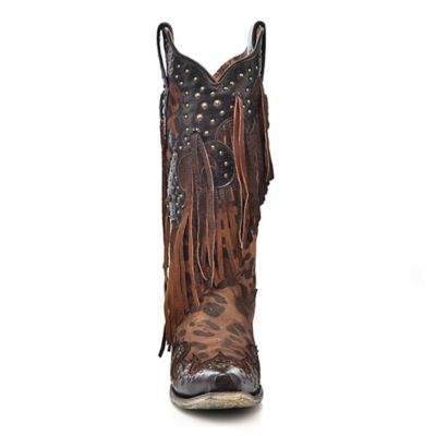 Image showing  Honey Goat Overlay Studs and Fringes Boots, 13 in. H Shaft, 2 in. Cowboy Heel
