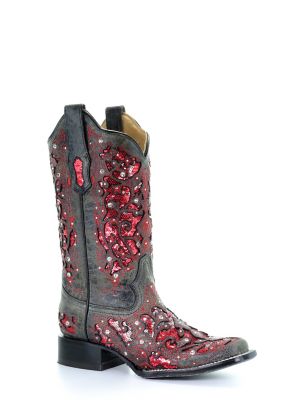 Corral Women's Grey/Red Glitter Inlay and Crystals Square Toe Boots, 12 in. Shaft, 2 in. Heel