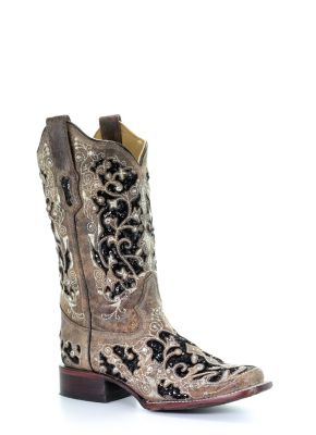 Corral Women's Brown Inlay and Flowered Embroidery Studs and Crystals Square Toe Boots, 11 in. Shaft, 1-1/2 in. Heel