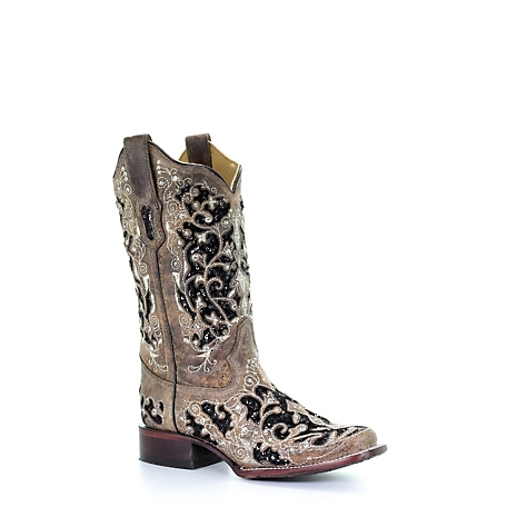 Corral Women's Brown Inlay and Flowered Embroidery Studs and Crystals Square Toe Boots, 11 in. Shaft, 1-1/2 in. Heel