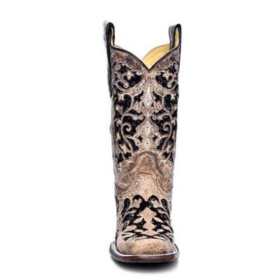 Image showing  Women's Brown Inlay and Flowered Embroidery Studs and Crystals Square Toe Boots, 11 in. Shaft, 1-1/2 in. Heels