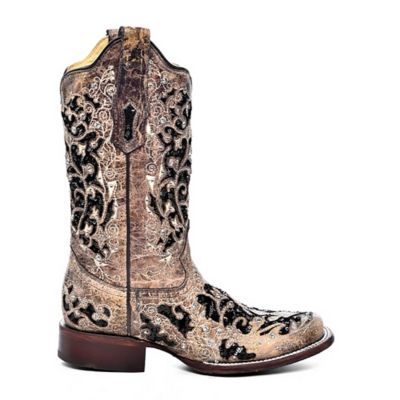 Image showing 1 th Corral Women's Brown Inlay and Flowered Embroidery Studs and Crystals Square Toe Boots, 11 in. Shaft, 1-1/2 in. Heels
