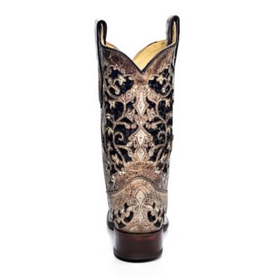 Image showing 3 th Corral Women's Brown Inlay and Flowered Embroidery Studs and Crystals Square Toe Boots, 11 in. Shaft, 1-1/2 in. Heels