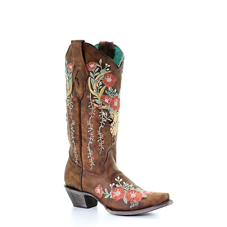 Corral Women's Tan Deer Skull Embroidery Western Boots, 13 in. H Shaft, 2 in. Cowboy Heel