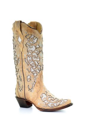 Corral Women's Inlay Flowered Embroidery Studs and Crystals Boots, 13 in. Shaft, 2 in. Heels