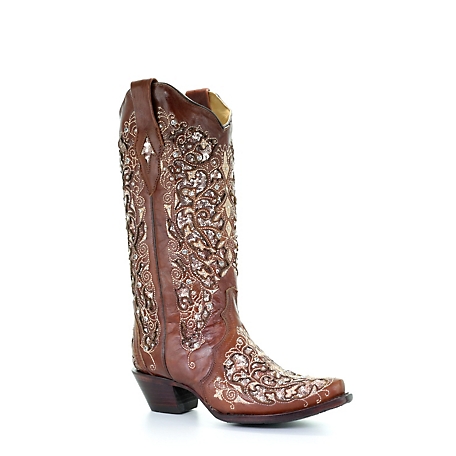 Corral Women's Inlay Flowered Embroidery Studs and Crystals Boots, 13 in. Shaft, 2 in. Heel