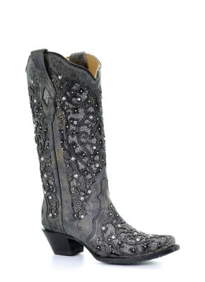 Corral Women's Inlay Flowered Embroidery Studs And Crystals Boots, 13 In. Shaft, 2 In. Heel