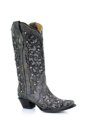 Corral Women's Inlay Flowered Embroidery Studs and Crystals Boots, 13 in. Shaft, 2 in. Heels