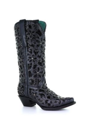Image showing 0 th Corral Women's Black Inlay Embroidery and Studs Western Boots, 13 in. Shaft, 2 in. Heels