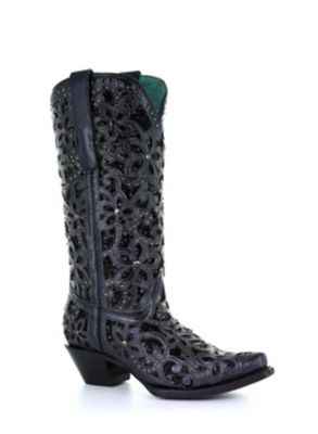 Corral Women's Black Inlay Embroidery And Studs Western Boots, 13 In. H Shaft, 2 In. H Heel