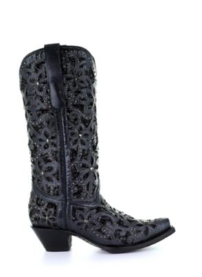 Image showing  Women's Black Inlay Embroidery and Studs Western Boots, 13 in. Shaft, 2 in. Heels