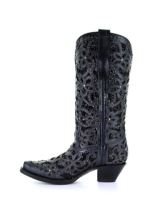 Image showing  Women's Black Inlay Embroidery and Studs Western Boots, 13 in. Shaft, 2 in. Heels