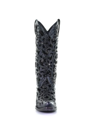 Image showing  Women's Black Inlay Embroidery and Studs Western Boots, 13 in. Shaft, 2 in. Heels