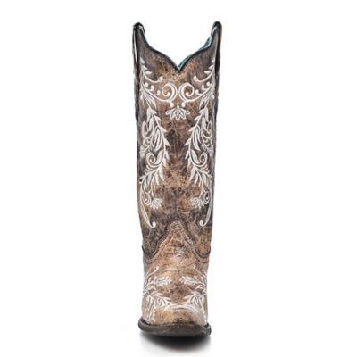 Image showing  Women's Brown and White Embroidery Western Boots, 13 in. Shaft, 2 in. Heels
