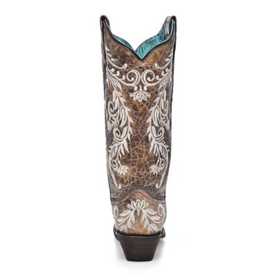 Image showing  Women's Brown and White Embroidery Western Boots, 13 in. Shaft, 2 in. Heels