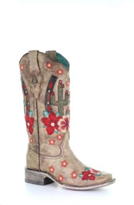 Corral Taupe Cactus Overlay and Flowered Embroidery Square Toe Boots, 13 in. H Shaft, 1-1/2 in. Heel