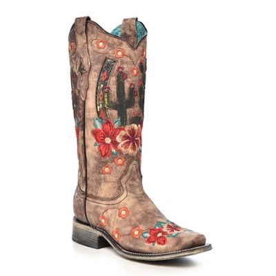Corral Women's Taupe Cactus Overlay and Flowered Embroidery Square Toe Boots, 13 in. Shaft, 1-1/2 in. Heels
