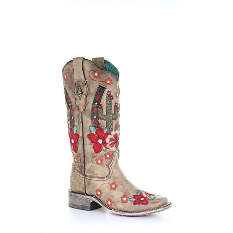 Corral Women's Taupe Cactus Overlay and Flowered Embroidery Square Toe Boots, 13 in. H Shaft, 1-1/2 in. Heel
