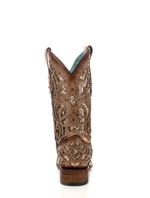 Image showing 2 th Corral Women's Orix Glittered Inlay and Studs Square Toe Boots, 12 in. Shaft, 1-1/2 in. Walking Heels