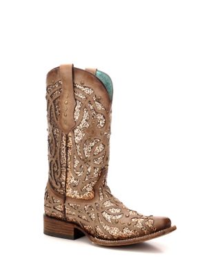 Corral Women's Orix Glittered Inlay and Studs Square Toe Boots, 12 in. H Shaft, 1-1/2 in. H Walking Heel