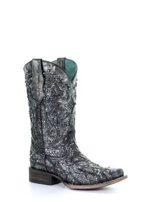 Corral Women's Glitter Inlay and Studs Square Toe Boots, 11-1/2 in. Shaft, 1-1/4 in. Heels