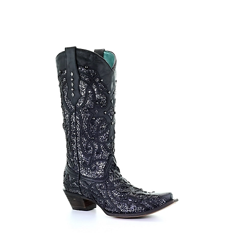 Corral Women's Black Glittered Inlay Boots, 13 in. H Shaft, 2 in. H Heel