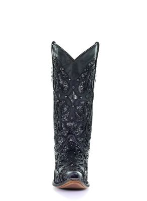 Image showing  Women's Black Glittered Inlay Boots, 13 in. Shaft, 2 in. Heels