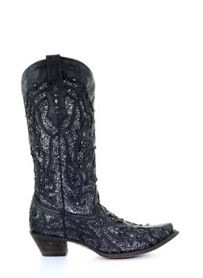 Image showing  Women's Black Glittered Inlay Boots, 13 in. Shaft, 2 in. Heels