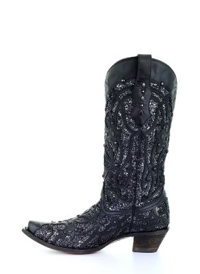 Image showing  Women's Black Glittered Inlay Boots, 13 in. Shaft, 2 in. Heels