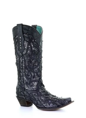 Corral Women's Black Glittered Inlay Boots, 13 in. Shaft, 2 in. Heels