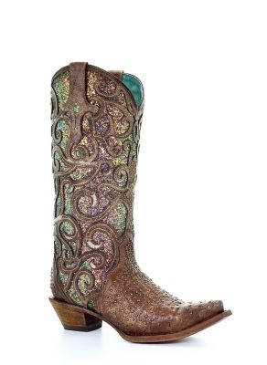 Corral Cognac And Purple Glitter Inlay And Studs Western Boots, 13 In. H Shaft, 1.5 In. H Heel