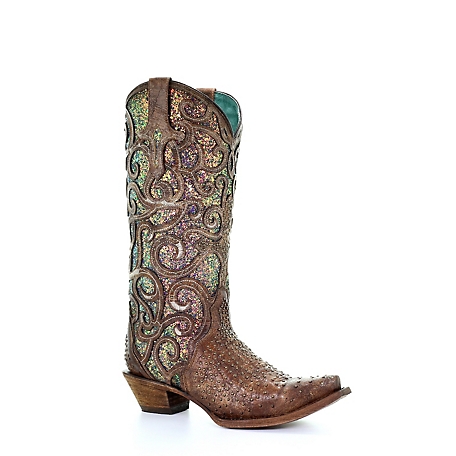 Corral Cognac and Purple Glitter Inlay and Studs Western Boots, 13 in. H Shaft, 1.5 in. H Heel