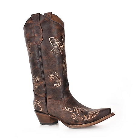 Circle G Women's Distressed Snip Toe Bone Dragonfly Embroidery Western Boots, Brown