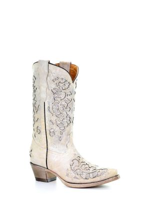 Corral Girls' White Glitter Inlay and Embroidery Boots, 11 in. H Shaft, 2 in. H Heel