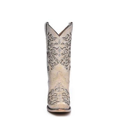Image showing  Girls' White Glitter Inlay Embroidered Boots, 11 in. Shaft, 2 in. Heels