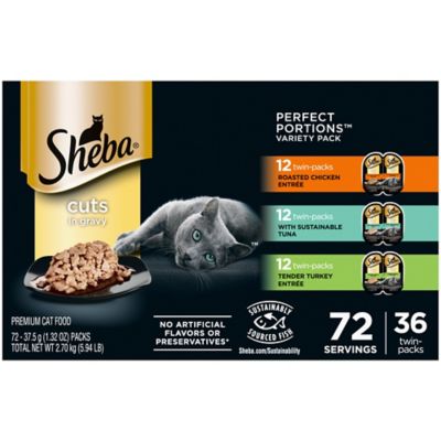 Sheba Perfect Portions All Life Stages Chicken, Tuna and Turkey in Gravy Wet Cat Food Variety pk., 1.32 oz. Can, Pack of 36