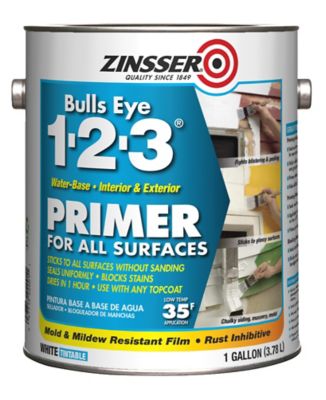 Rust-Oleum 1 gal. White Zinsser Bulls Eye 123 Water-Base Primer The paints that say “paint and primer in one” are fine for covering light colored walls but not red!  