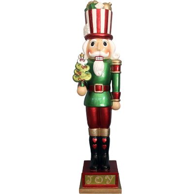 Fraser Hill Farm Indoor/Outdoor Oversize Candy-Look Nutcracker Greeter Holding Christmas Tree, 4 ft., Green