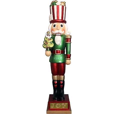 Fraser Hill Farm Indoor/Outdoor Oversize Candy-Look Nutcracker Greeter Holding Christmas Tree, 4 ft., Green