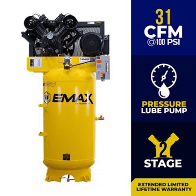 EMAX 7.5 HP 80 gal. 2 Stage Single Phase Industrial V4 Pressure Lubricated Pump 31 CFM @100 PSI Air Compressor EMAX 7